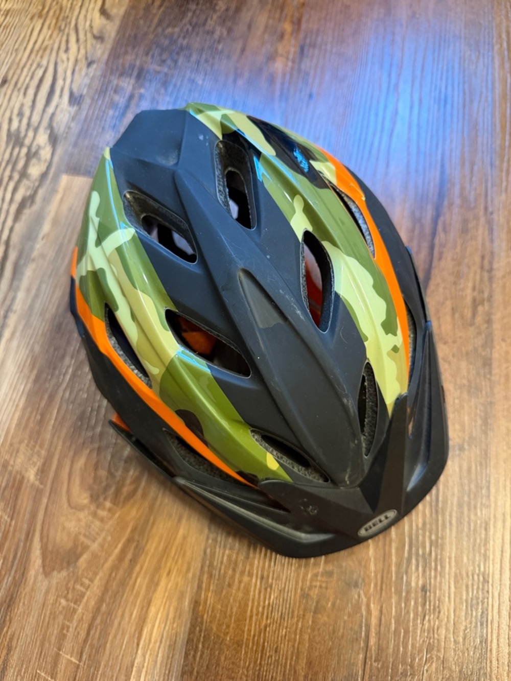 Kids Camo Green & Orange Bike Helmet - Youth Protective Helmet